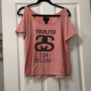 Womens Stussy shirt pink & white striped sz medium